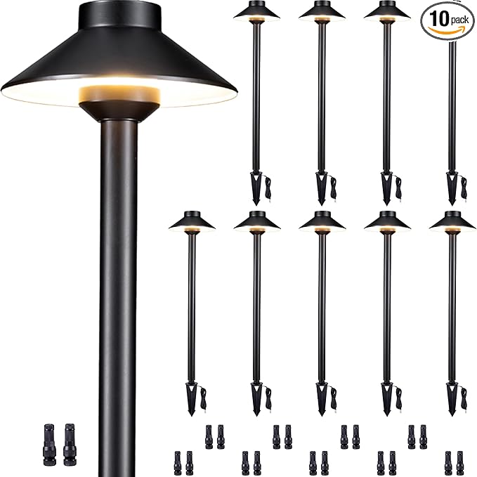 Solid Brass Landscape Path Lights - 12V Black Low Voltage Pathway Light IP65 Waterproof, Outdoor Walkway Fixture Hardwired, Hat-top for Patio Lawn G4 Bulb Not Included (10 Pack)