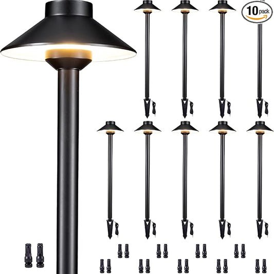 Solid Brass Landscape Path Lights - 12V Black Low Voltage Pathway Light IP65 Waterproof, Outdoor Walkway Fixture Hardwired, Hat-top for Patio Lawn G4 Bulb Not Included (10 Pack)