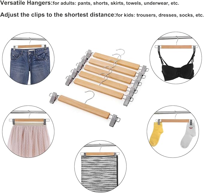 SONGMICS Wooden Pants Hangers 12 Pack, Pants Hangers with Clips, Adjustable Anti-Rust Metal Clips, 360° Swivel Hook, Skirt Hangers for Pant, Skirts, Natural Grain UCRW008-12