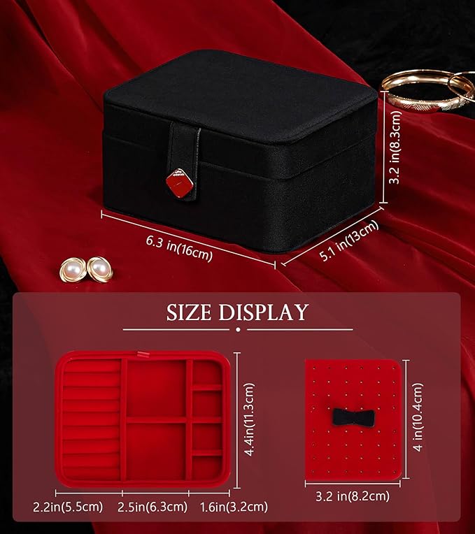 Homde Jewelry Box Small for Women: Ring Earring Organizer Storage for Dresser - Necklace Bracelets Holder with Multi Compartments(Black + Red)