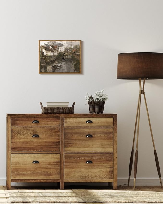 InSimSea Framed Canvas Wall Art Vintage Decor, Landscape Wall Art Prints, Riverside Small Town Canvas Prints, Rustic Farmhouse Wall Decor for Bedroom Living Room, Retro Room Decor, 11"x14"