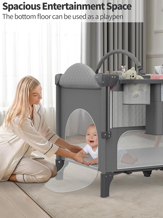 Baby Bassinet, Pack and Play, 4-height Adjustable Bedside Crib Sleeper, Diaper Changing Table with Diaper Pads, Zipper Door, Mosquito Net, Bottom Storage, and Toy Shelf for Newborn to Toddler, Grey
