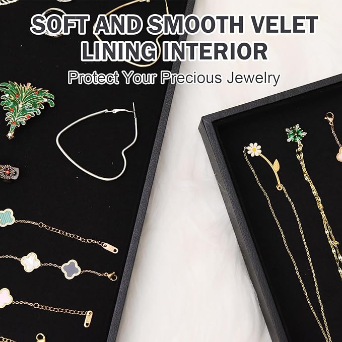 Black Velvet Jewelry Tray for Drawers Black Jewelry Display Tray Stackable Jewelry Trays Stackable Jewelry Organizer Trays for Necklace Bracelet Ring Watch Tray Felt Jewelry Tray(4 Pack)
