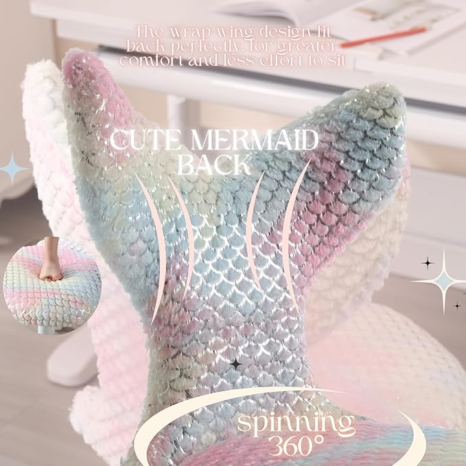 Fuzzy Desk Chair, Cute Swivel Children Desk Chair with Wheels for Kids Bedroom Upholstered Rolling Study Chair Adjustable Computer Chair Mermaid Back Vanity Chair for Teen Girls Boys, Light Colorful