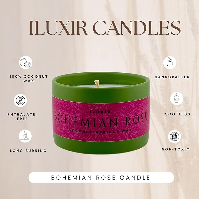 Bohemian Rose Scented Candle Fresh Floral Aroma with Rose Magnolia Patchouli Natural Coconut Wax Long-Lasting Non-Toxic Eco-Friendly Home Office Decor Relaxation Handcrafted Luxury (5 oz.)