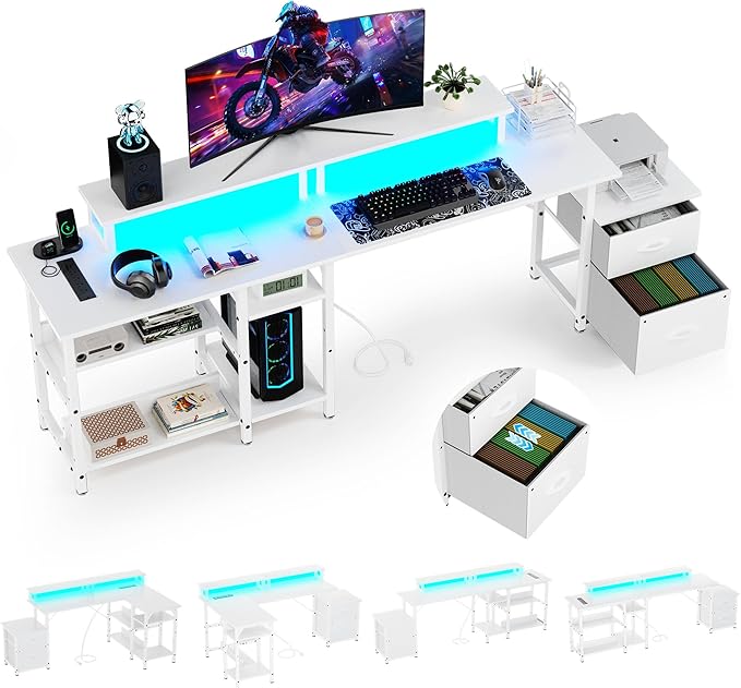 67'' L Shaped Computer Desk with Power Outlet, Large Reversible Computer Gaming Desk, Home Office Desks with File Drawers & Shelves, All White
