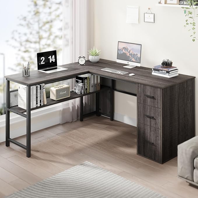 LVB L Shaped Desk, Wood Metal Computer Desk with Drawer, Industrial Corner Home Office Desk with Storage Cabinet for Bedroom, Dark Gray Oak, 59 Inch