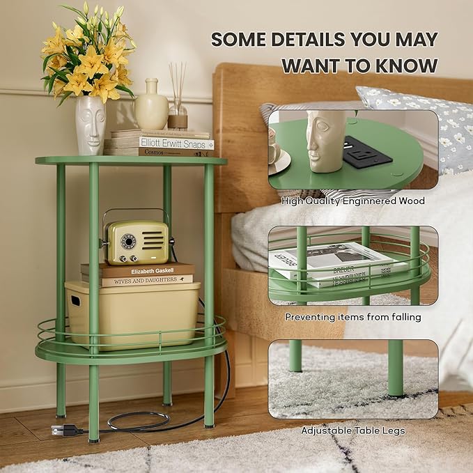 Small Round Side Table with Charging Station,Bedside Table with 2 USB Ports and Outlets, Morden Round Nightstand, Samll Side Table for Living Room,Bedroom, Nursery, Laundry, Green