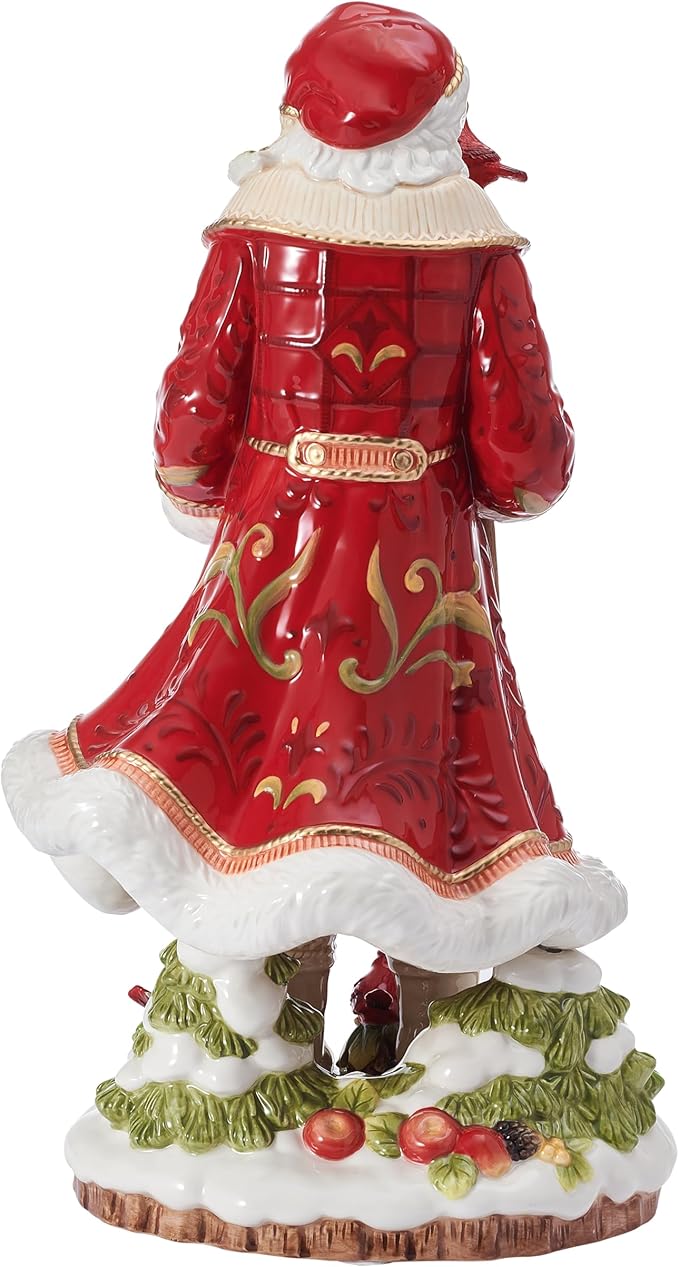 Fitz and Floyd Poinsettia Holiday Santa Clause with Staff Cardinal Bird Ceramic Figurine, Christmas Collectible Décor, 17.5 Inch