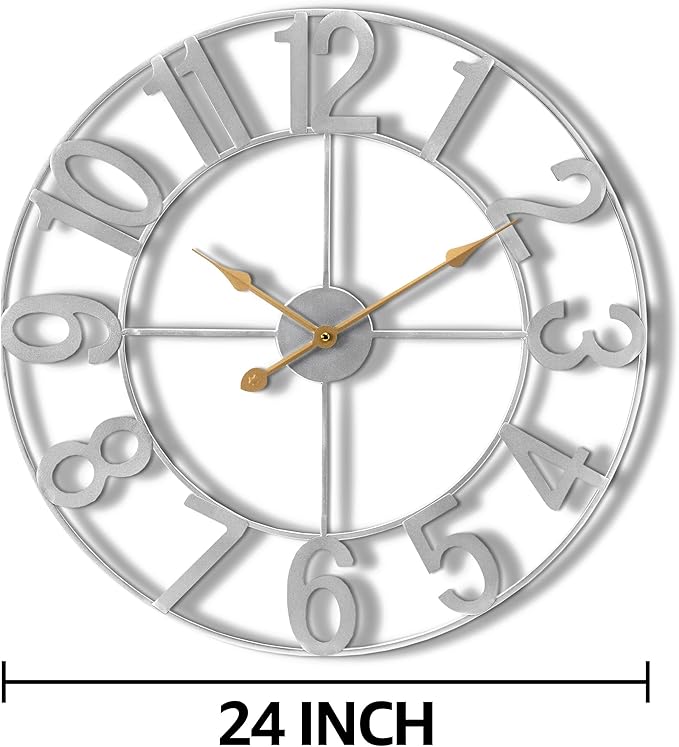 Sorbus 24-Inch Large Wall Clock – Decorative Silver Metal Clock with Gold Hands – Silent, Battery Operated, Modern Wall Decor for Living Room, Kitchen, or Office, Great Gift for Housewarming or Office