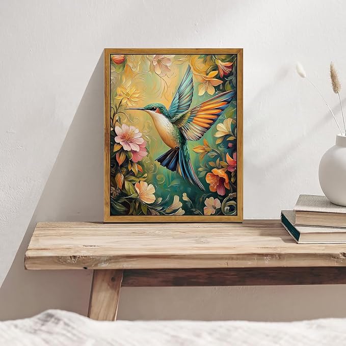Djmwtb William Morris Vintage Framed Wall Art Floral Bird Canvas Wall Art Prints Flower Hummingbird Pictures Nature Painting Colorful Botanical Artwork for Bedroom Living Room 12x16in