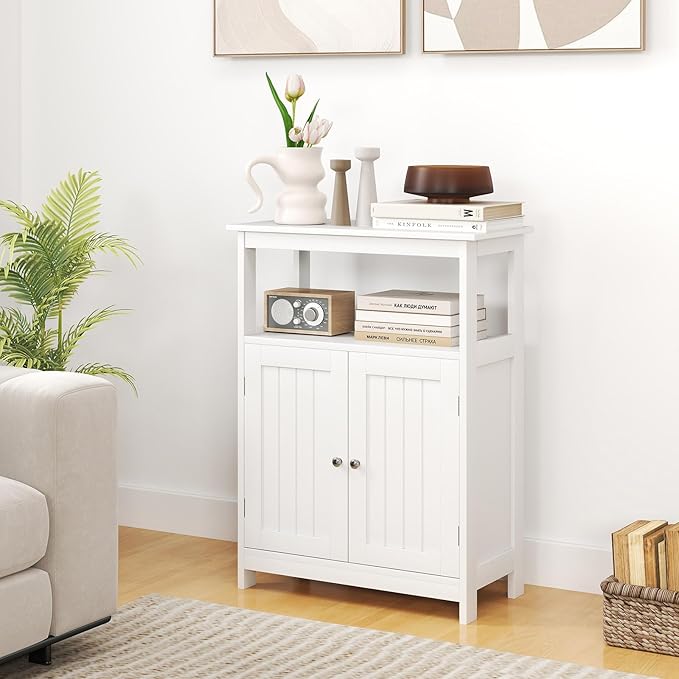 Tangkula Bathroom Storage Cabinet, Freestanding Floor Organizer with 2 Doors & 1 Adjustable Shelf, Modern Home Bathroom Furniture for Living Room Entryway Kitchen (Cabinet, White)