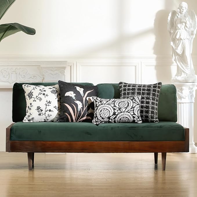 Black Throw Pillow Covers Set of 4,Elegant French with White Floral Pattern Throw Pillow Cases,Decorative Square Lumbar Pillows for Couch Sofa Bed Chair Cushion Covers Living Room