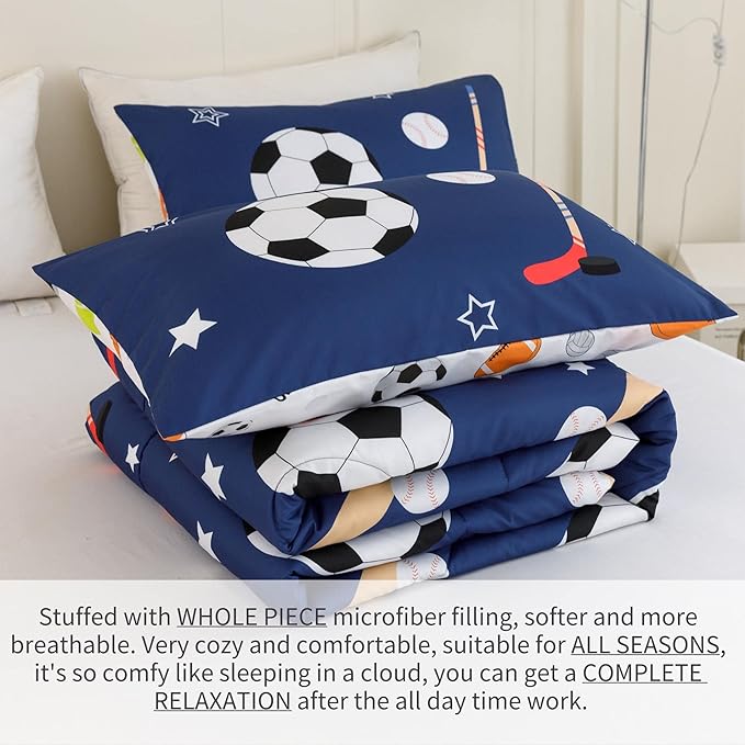 RYNGHIPY Kids Sports Theme Bedding Set, Basketball Football Baseball Tennis Print Comforter Set for Teens Boys Girls, Super Soft Lightweight (Balls,Full)