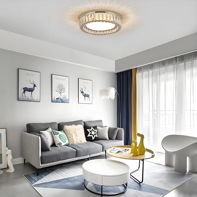 Crystal Chrome Flush Mount Ceiling Light,LED Dimmable 5CCT 3000K-6000K Lighting Fixtures Modern Round 36W Chandelier for Kitchen Entryway Bedroom Dining Room 15 Inch