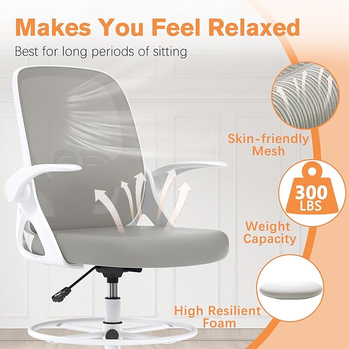 Tall Drafting Chair with Lumbar Support and Footrest Ring, Supportive Tall Extended Height Ergonomic Desk Chair for Home Work, Breathable Mesh Office Chair with Flip up Arms(Gray)