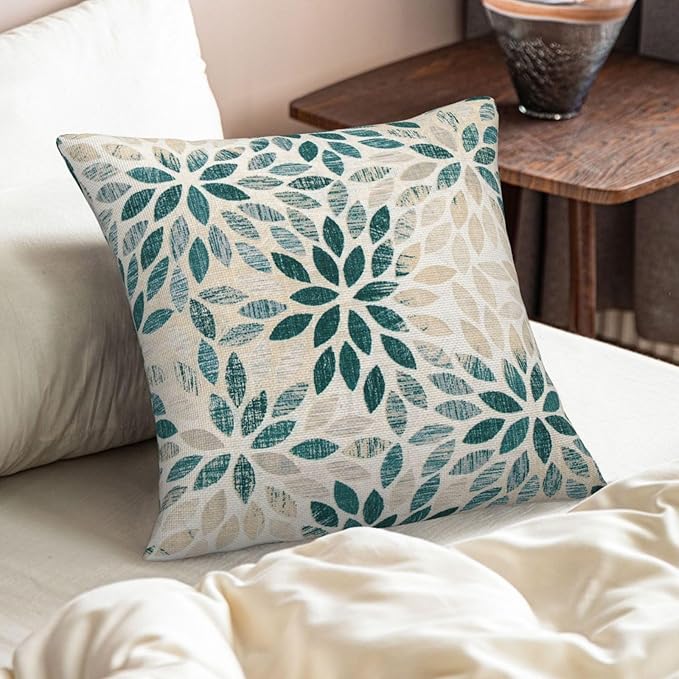 Dark Teal Dahlia Pillow Covers 18x18 Inch Set of 2 Summer Geometric Rust Flower Outdoor Decorative Throw Pillows Farmhouse Turquoise Pillow Case Linen Square Cushion Cover for Home Sofa Bedroom