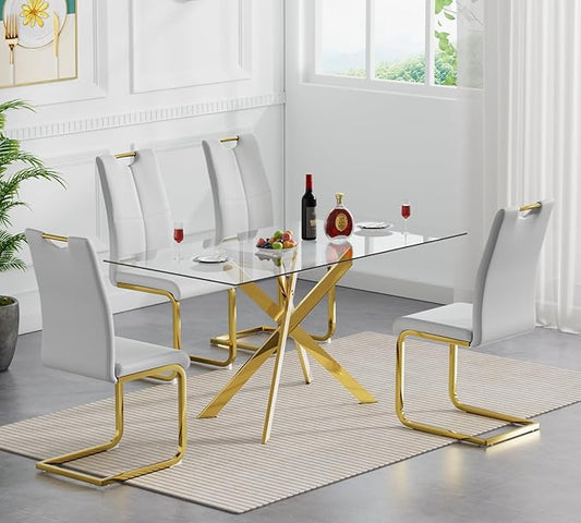 Goujxcy Gold Dining Table Set for 4, Glass Kitchen Table with Chair Set, Modern 51" Rectangle Glass Dining Table and 4 Grey PU Leather Chairs with Metal Frame for Kitchen Dining Room
