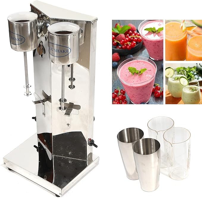 Electric Milkshake Maker, Commercial Stainless Steel Milk Shake Machine, Drink Mixers, 18000r/min & 650ml/Cup, Smoothie Milk Foam Tea Mixer Blender + 2 PP Cups, 180W 110V (2 Head)