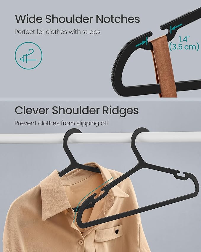 SONGMICS Clothes Hangers, Pack of 50, Plastic Hangers, with Wide Shoulder Notches, Space-Saving Coat Hangers, 16.4 Inches Wide, for Closet, Ink Black UCRP010B01