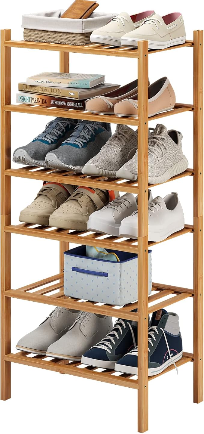 6-Tier Small Shoe Rack for Entryway, Stackable | Heavy Duty | Multi-Function, Bamboo Free Standing Shoe Racks for Bedroom Hallway Closet