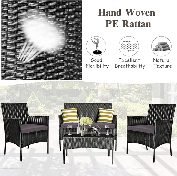 Tangkula 4 Pieces Patio Furniture Set, Outdoor Wicker Conversation Set with Tempered Glass Tabletop, Rattan Sofa and Chairs Set with Off White & Grey Cushion Covers