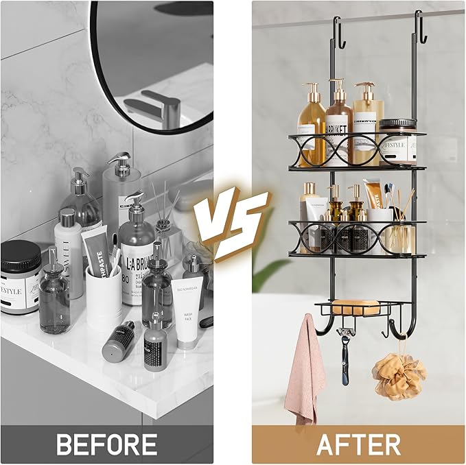 LEVERLOC Over The Door Shower Caddy, Shower Hanging Organizer Sturdy Rust Proof Bathroom Shelves with Strong Suction Cup and Reliable Hooks, Bath Basket Storage Rack, Metal Black