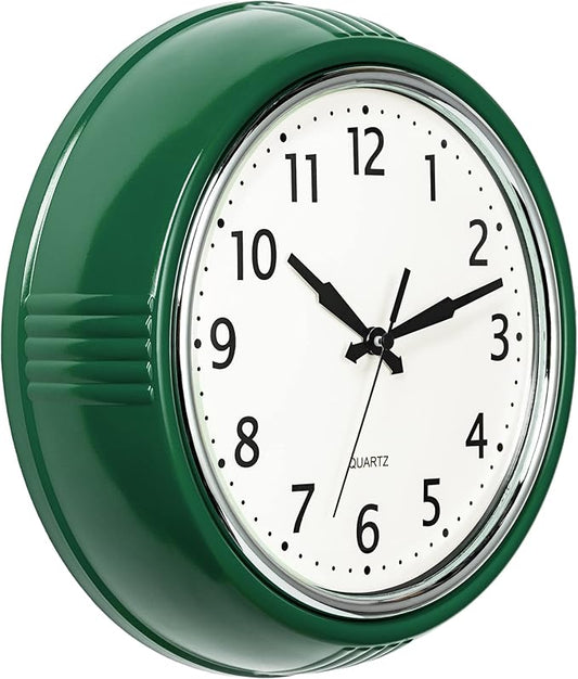 Bernhard Products Retro Wall Clock 12 Inch Hunter Green Kitchen 50's Vintage Design Round Silent Non-Ticking Quartz Battery Operated Clocks for Home Office School Classroom Kids Bedroom Living Room