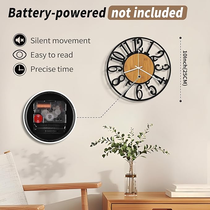 Maxstar Wall Clock Battery Operated,Silent Non-Ticking Modern Rustic Metal Round Clocks Small for Living Room/Bedroom/Office/Kitchen/Farmhouse Home Decor-10 Inch(Yellow-Wood)
