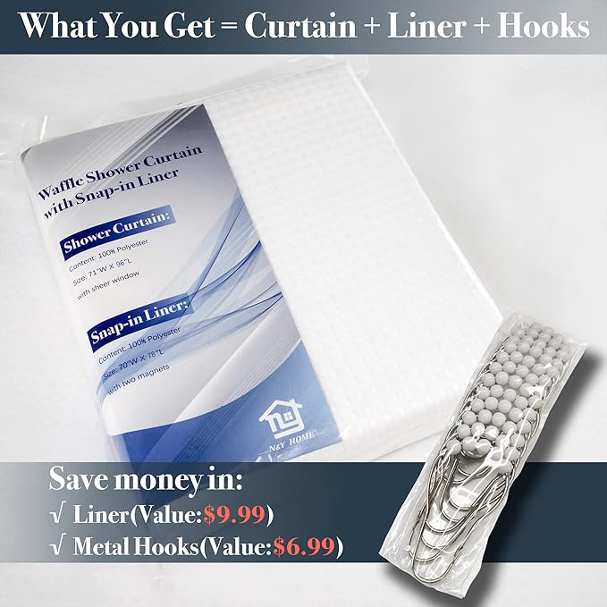 N&Y HOME Extra Long Waffle Weave Shower Curtain 96 Inch Length with Snap-in Fabric Liner & Metal Hooks Set - Hotel Style, Waterproof & Washable, Heavyweight Fabric & Mesh Top Window - 71x96, White