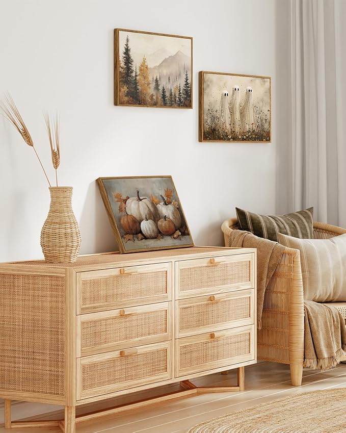 InSimSea Framed Canvas Wall Art Vintage Decor, Fall Pumpkin Wall Decor for Living Room Bedroom Bathroom, Rustic Autumn Still Life Paintings Prints, Halloween Desk Decorations, 12x16inch