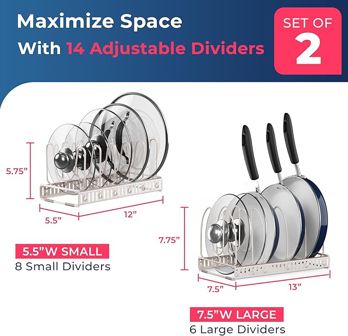 14 Compartments, 1 Large x 1 Compact Dual Rack Set - Pot and Pan Organizer Rack for Cabinet – Pot Lid Organizer for Kitchen Under Sink Drawer Pantry (White Sand, DUO SET)