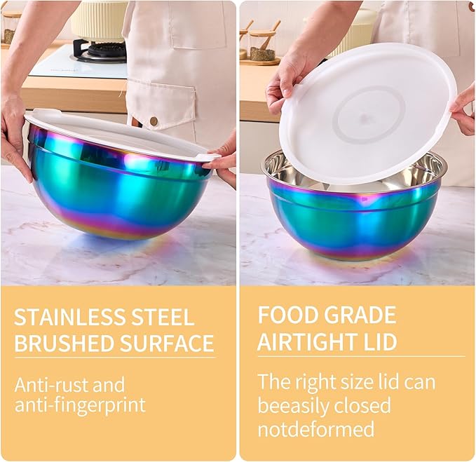 6-Piece Rainbow Stainless Steel Baking & Mixing Bowls Set, Cereal, Dessert, Rice, Fruit & Dipping Bowls, Deep Soup Bowl, Airtight Lid