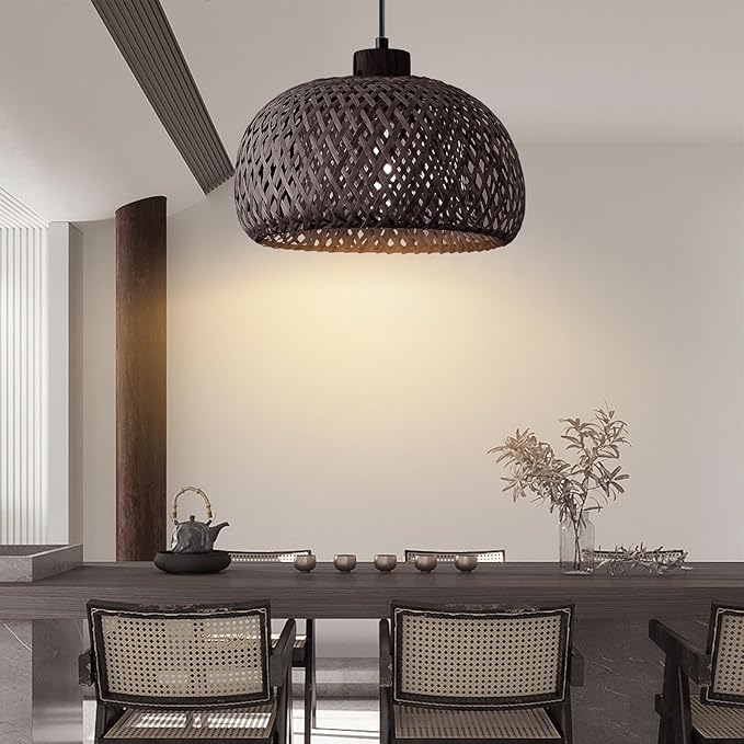 Black Bamboo Pendant Light, 11.8inch Hand-Woven Natural Wicker Rattan Farmhouse Lamp, Boho Hanging Chandelier, Rustic Kitchen Island Ceiling Pendant Light for Living Room, Dining, Foyer