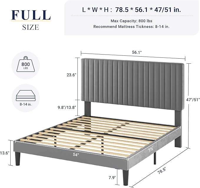 Allewie Full Bed Frame, Velvet Upholstered Platform Bed with Adjustable Vertical Channel Tufted Headboard, Mattress Foundation with Strong Wooden Slats, Box Spring Optional, Easy Assembly, Grey
