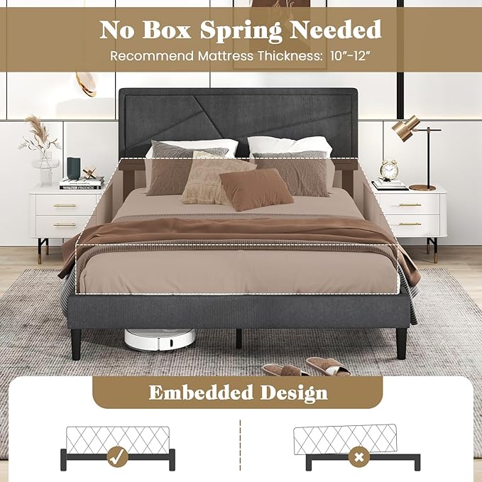 Giantex Queen Platform Bed Frame, Modern Upholstered Bed Frame with Geometric Tufting Headboard, Wooden Slats Support, No Box Spring Needed, Gray