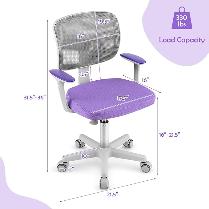 HONEY JOY Kids Desk Chair, Height Adjustable Children Study Chair, Swivel Mesh Task Student Chair, Universal Casters, Child Computer Desk Chair for Boys Girls Age 3-10 (Purple)