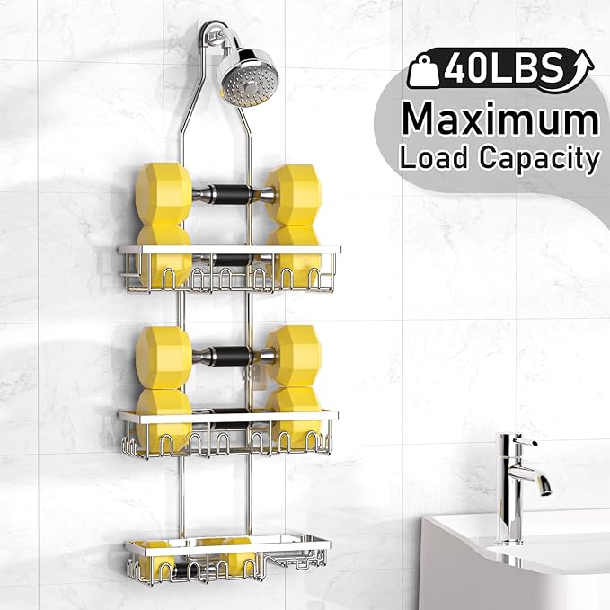 Shower Caddy,Rustproof Shower Shelves Over Shower Head,Triple Adjustable Storage,Silver