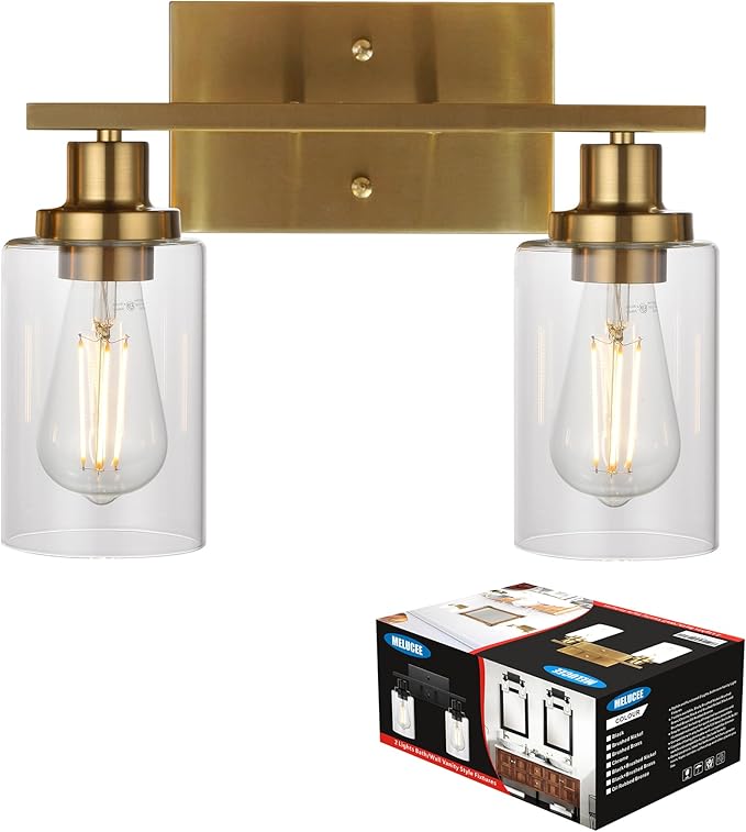 MELUCEE 2-Light Wall Sconce Brushed Brass Vanity Light Fixture Modern Style with Clear Glass Shade for Bathroom Hallway Bedroom Living Room Kitchen