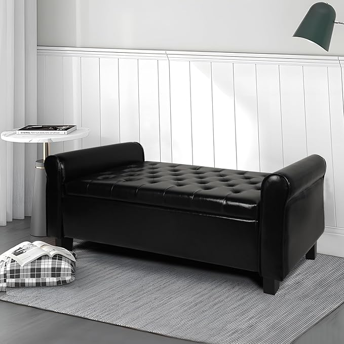 Storage Ottoman Bench with Arms, End of Bed Bench for Bedroom, Button Tufted for Entryway, Living Room,Hallway, Foot Rest (Black)