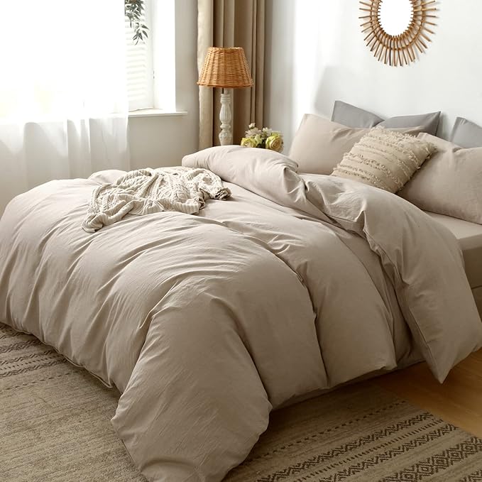 MooMee Bedding Duvet Cover Set 100% Washed Cotton Linen Like Textured Breathable Durable Soft Comfy (Heathered Taupe, Full 80"x90")