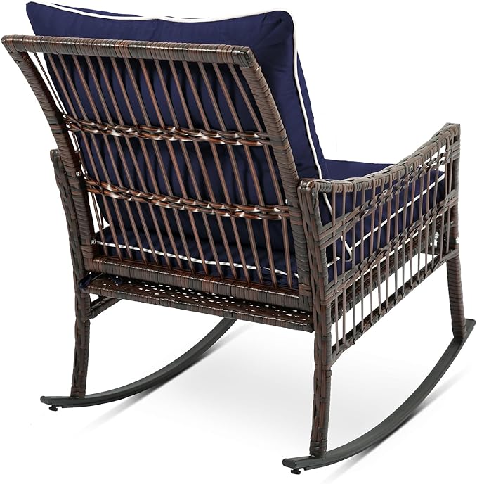 3 Pieces Patio Furniture Set, Outdoor Rocking Chairs Set of 2, Wicker Cushioned Patio Rocker with Side Table for Porch, Garden, Poolside & Deck, Blue