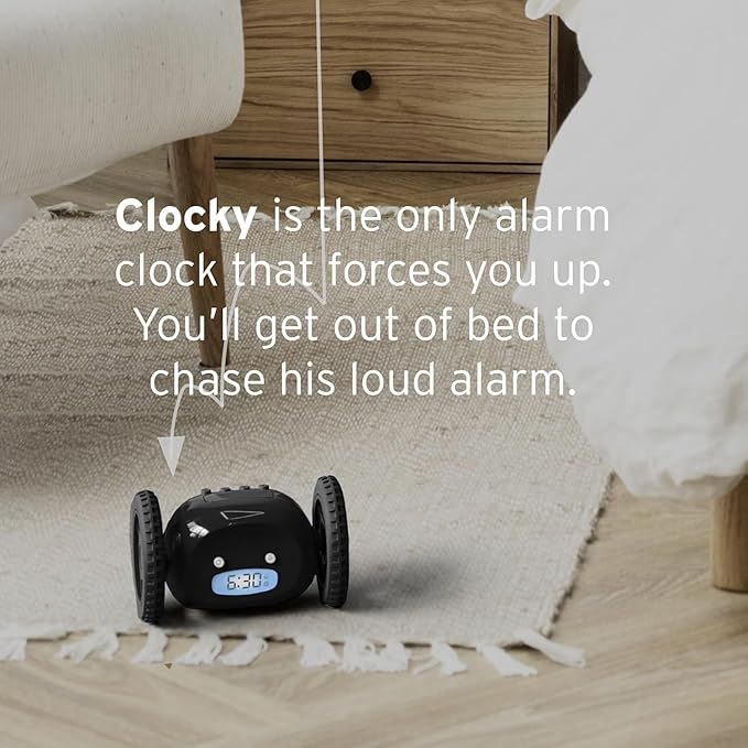 CLOCKY Extra Loud Alarm Clock for Heavy Sleepers on Wheels Rolls Runaway Vibrating Easy To Set Super Smart Snooze Digital Bed Shaker Alarm Clock Funny Gift for Adults Kids Teens Bedroom (Black Wheels)