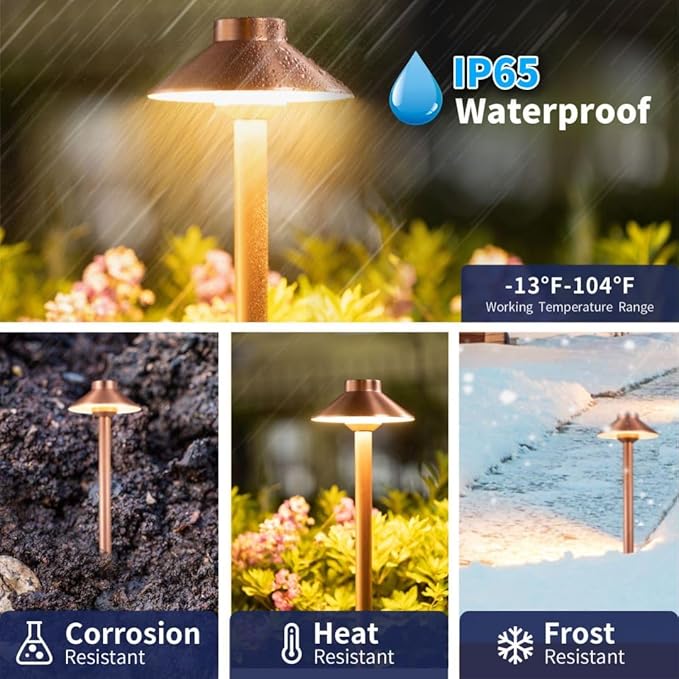 Brass Landscape Lights Pathway Light(Hat), 12V Low Voltage Copper Sideway Lamp Outdoor Waterproof LED for Patio Walkway Driveway Garden Yard with 3W 2700K G4 Bulb(8 Pack)