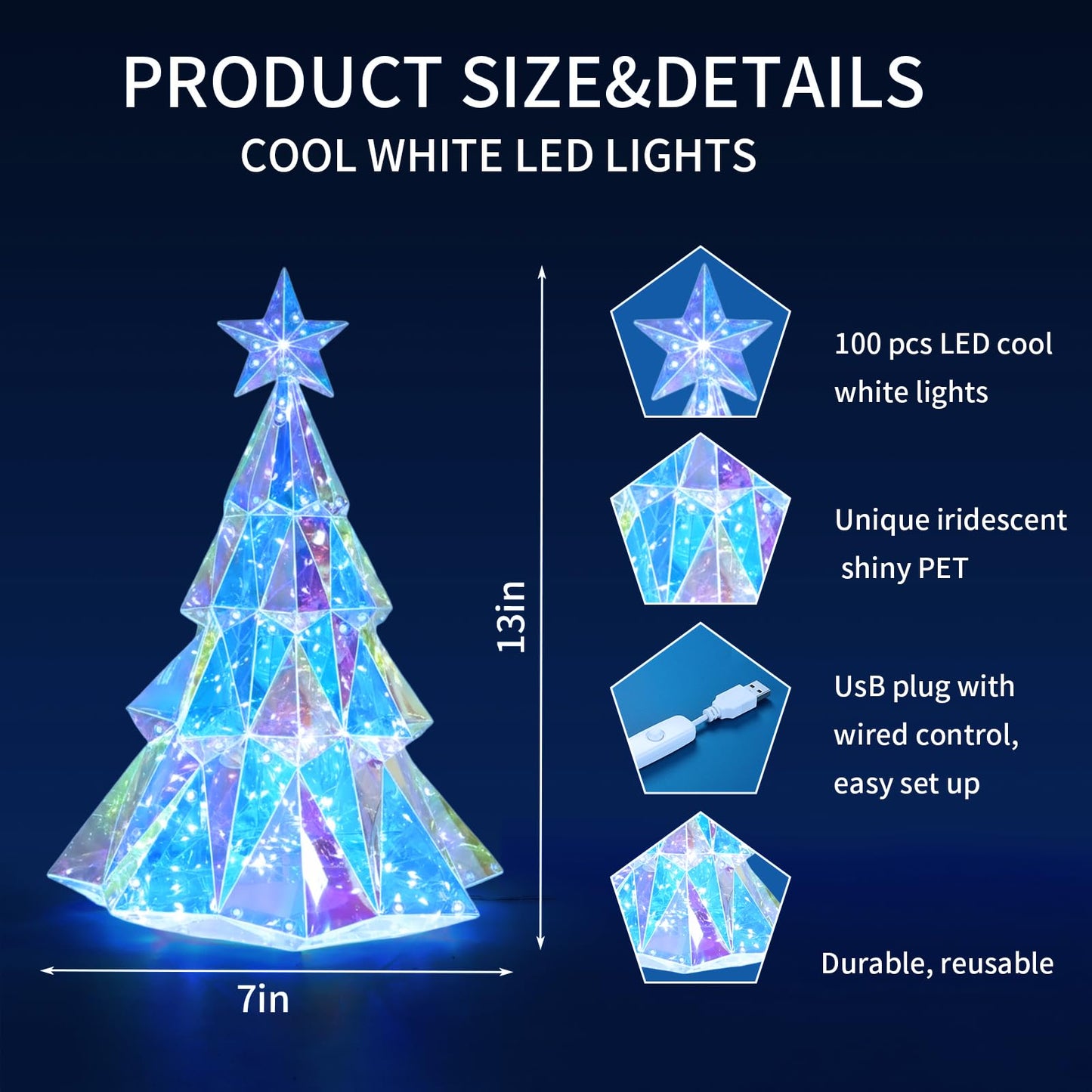 Prismatic Rainbow Iridescent LED Desktop Christmas Tree – 100-LED Prismatic Glow Tabletop Holiday Décor with USB Power for Home, Office & Party