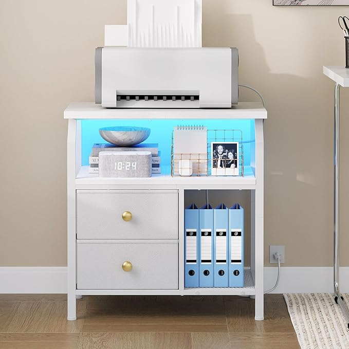 HOOBRO 23 inch Wide Nightstand with Charging Station and LED Light, Night Stand with 2 Fabric Drawers, Bedside Table, Dresser with Open Storage Shelf, End Side Table for Bedroom, White WT160UDBZ01