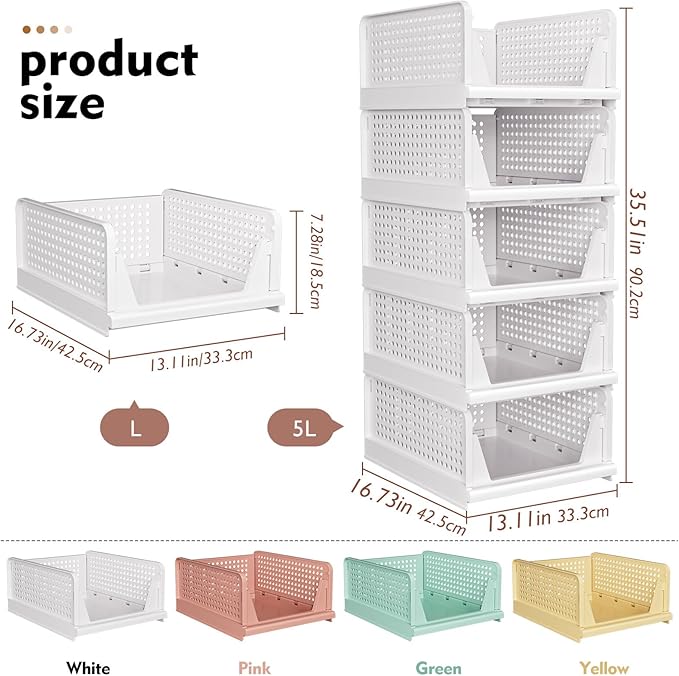 SNSLXH 5 Pack Stackable Closet Organizer Box, Multifunctional & Foldable Closet Storage Basket for Bathroom Kitchen Laundry Room Wardrobe Storage, Space-Saving Clothes Storage Drawer Organizer, Pink