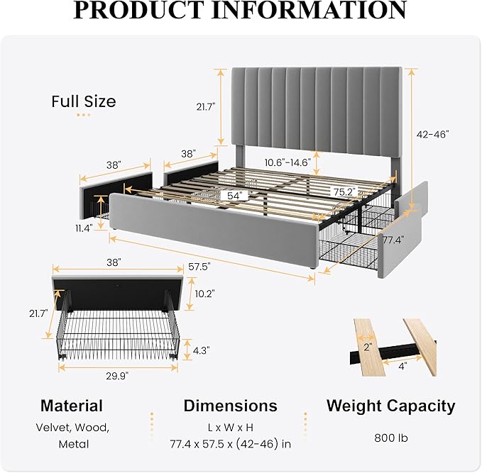 SHA CERLIN Full Size Platform Bed Frame with 4 Storage Drawers, Vertical Channel Tufted Adjustable Headboard, Velvet Upholstered, Wooden Slats Support, No Box Spring Needed, Easy Assembly, Grey
