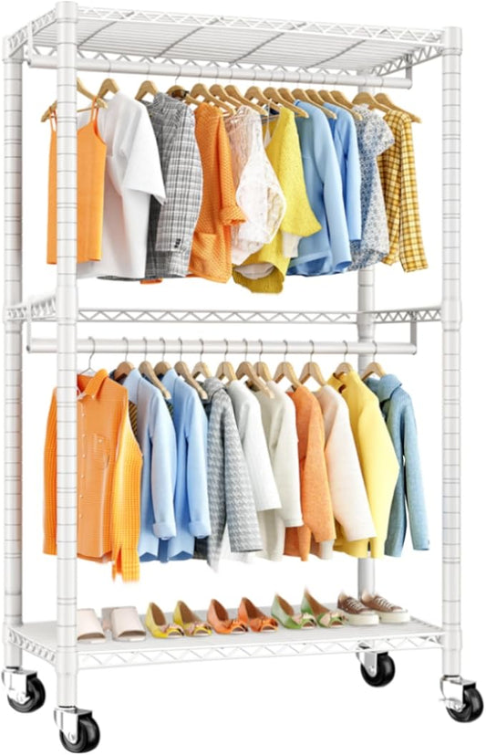 Raybee Rolling Garment Rack with Wheels Portable Clothes Rack for Hanging Clothes,Adjustable,2 Shelves,79" H X35.5 W X15.7 D, White