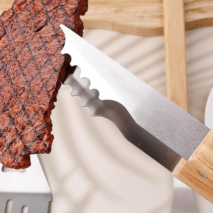 Artisanal Wood-Handled BBQ Set - Robust Stainless Steel Spatula, Fork & Tongs | Stylish Family Gathering Outdoor Camping Grill Tools